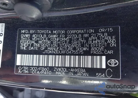 2015 Toyota Prius Two from USA, damaged, VIN JTDKN3DUXF0475575